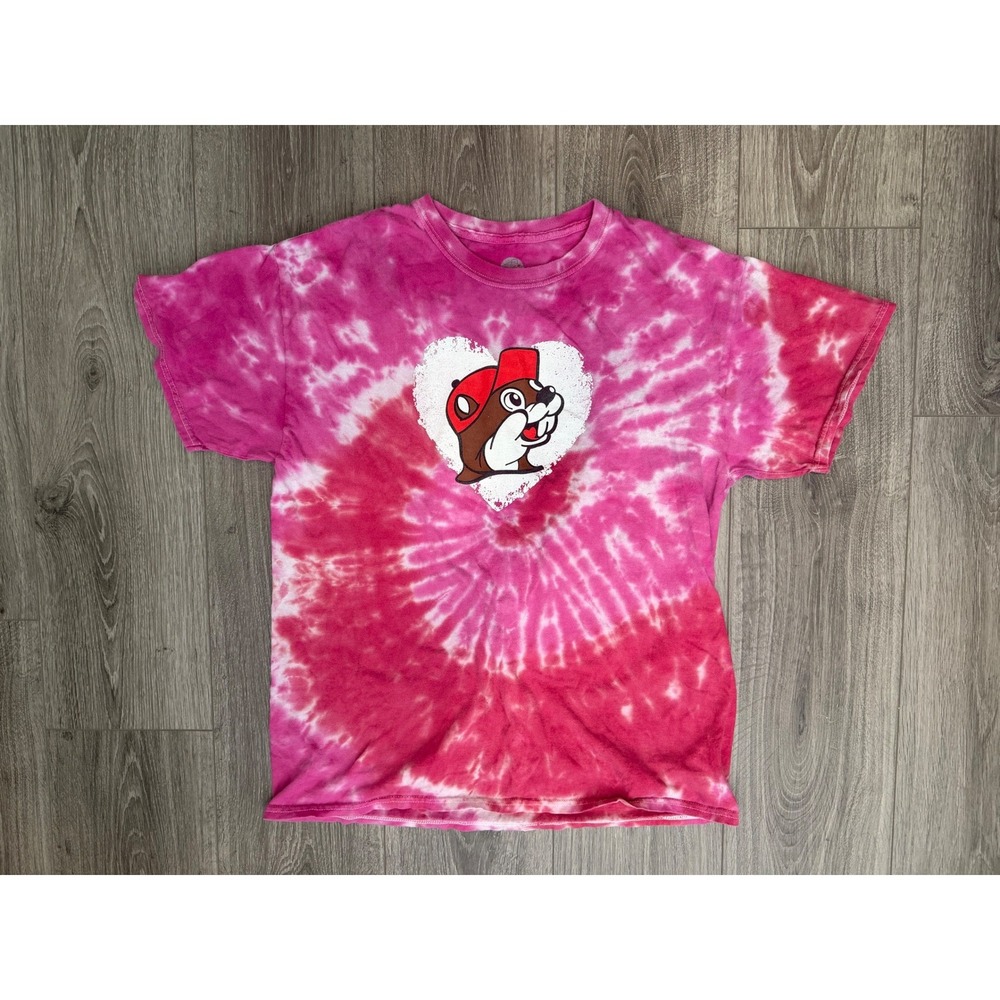 Buc-ee's Graphic T-Shirt Large Pink Tie Dye Valentine Heart Love Souvenir Tee